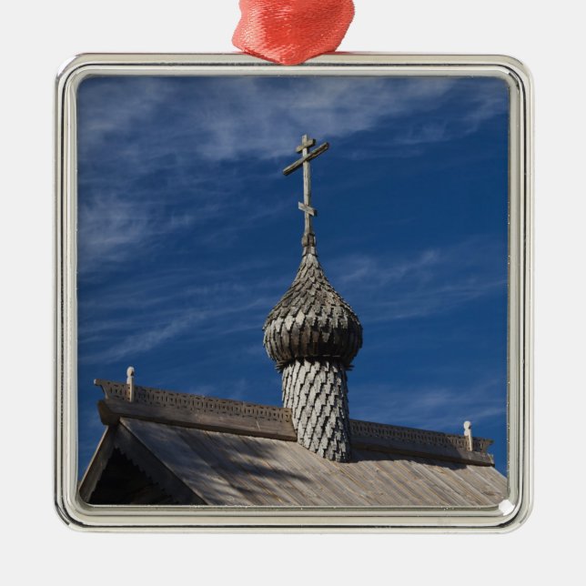 Ttraditional wooden Russian Orthodox church Metal Tree Decoration (Front)