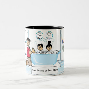 Tub Time - 1 Boy, 1 Girl, Single Dad Cartoon Two-Tone Coffee Mug