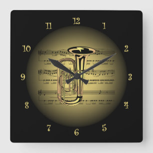 Tuba ~ 3-D Sheet Music ~ Gold & Black Background Square Wall Clock