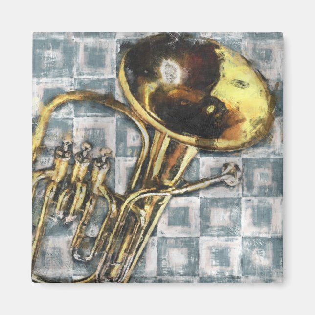 Tuba Grey Squares Painting Music Magnet (Front)