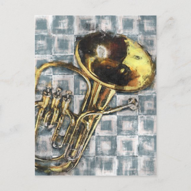 Tuba Grey Squares Painting Music Postcard (Front)