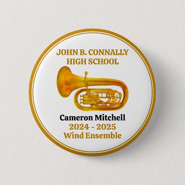 Tuba High School Band Gold Personalised 6 Cm Round Badge (Front)