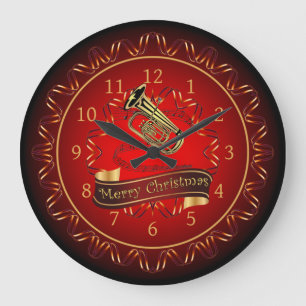 Tuba ~ Merry Christmas ~ Maroon & Black ~ Large Clock