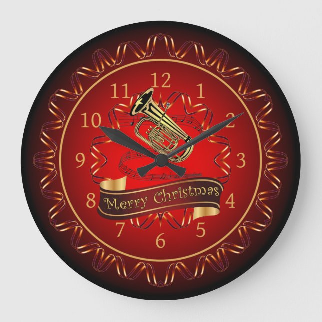 Tuba ~ Merry Christmas ~ Maroon & Black ~  Large Clock (Front)