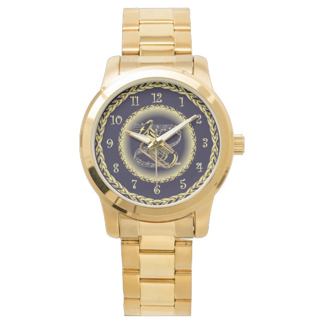 Tuba Musical Scroll ~ Gold and Navy Blue ~  Watch (Front)