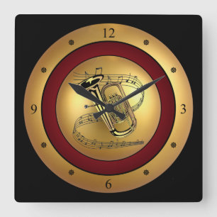 Tuba~Musical Scroll~Gold/Maroon/Black Background~ Square Wall Clock
