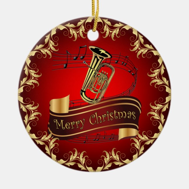 Tuba ~ Musical Scroll ~ Merry Christmas ~ * ~ Ceramic Tree Decoration (Front)