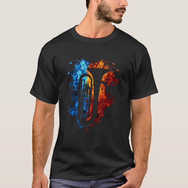 Tuba Red Blue Fire Musical Instrument Fire Art T-Shirt (Front)