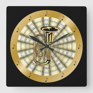 Tuba ~Rolled Sheet Music ~Black or Any Colour Square Wall Clock