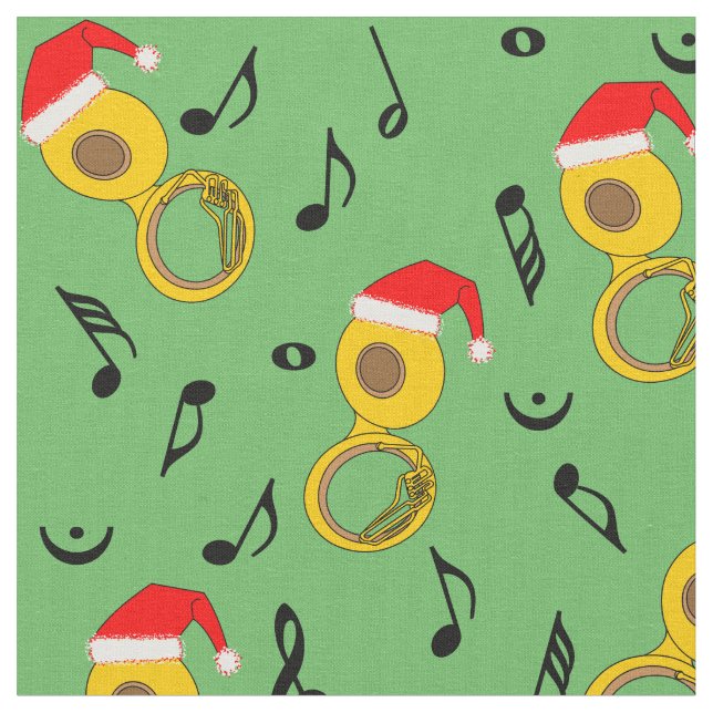 Tuba Santa Hat Music Notes Pattern Fabric (Close Up)