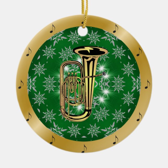 Tuba ~ Silver ~ Green ~ Gold ~ Christmas ~ Ceramic Tree Decoration (Front)