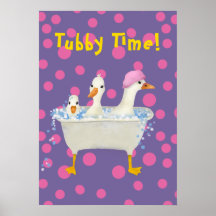 Tubby Time Three Ducks in Bathtub Watercolor 