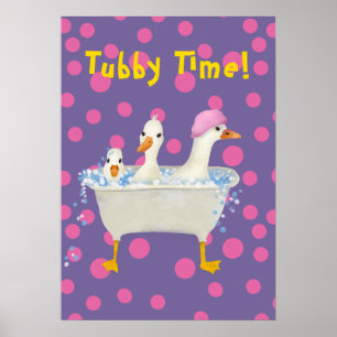 Tubby Time Three Ducks in Bathtub Watercolor Poster
