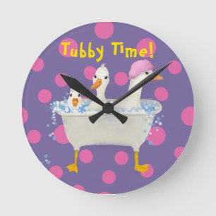 Tubby Time Three Ducks in Bathtub Watercolor  Round Clock
