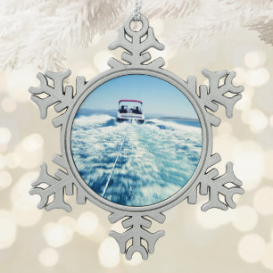 Tubing Behind Speed Boat Snowflake Pewter Christmas Ornament