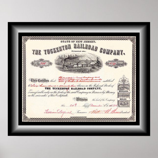 Tuckerton Railroad Company Stock Certificate 1918~ Poster (Front)