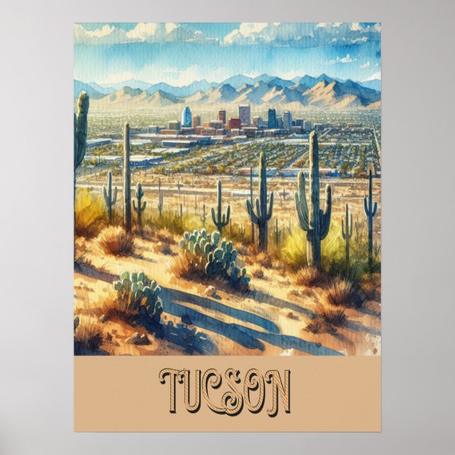 Tucson and Saguaro Watercolor Poster (Front)