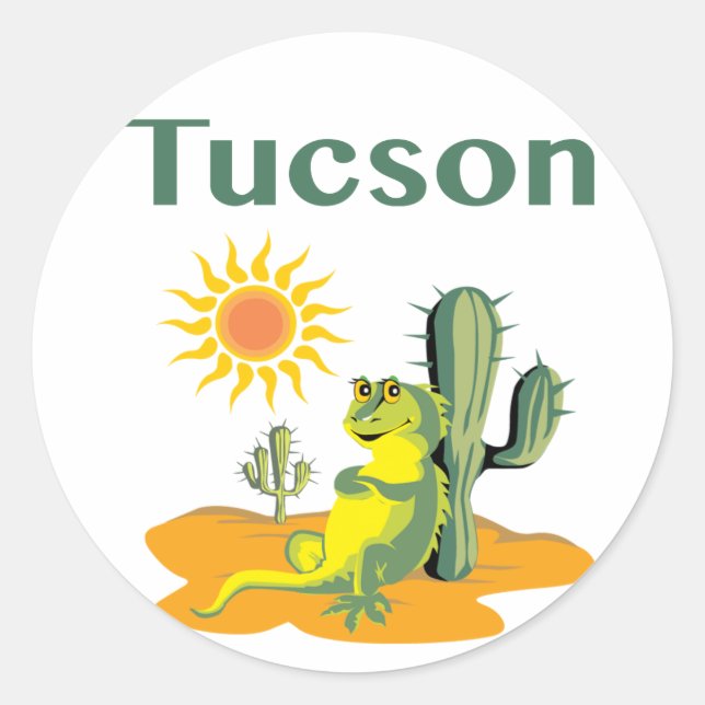 Tucson Arizona Lizard under Saguaro Classic Round Sticker (Front)