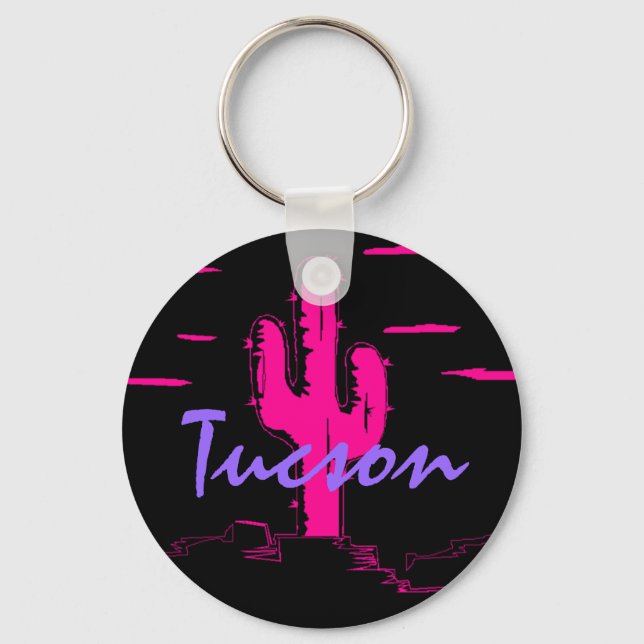 Tucson Arizona Neon Desert Nights Saguaro Cactus Key Ring (Front)