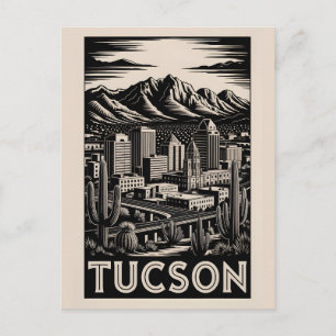 Tucson Arizona Skyline Black White Woodcut Holiday Postcard