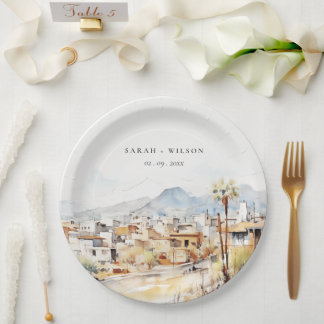 Tucson, Arizona Watercolor Landscape Wedding Paper Plate