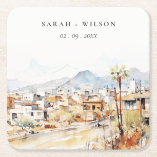 Tucson, Arizona Watercolor Landscape Wedding Square Paper Coaster