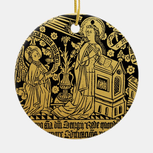 Tudor Brass Rubbing Annunciation Mary Angel Ceramic Tree Decoration (Front)