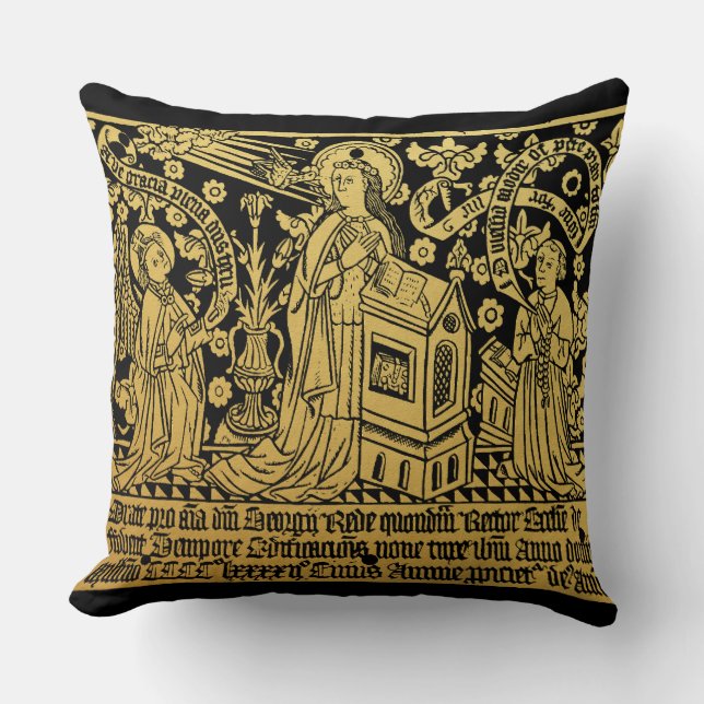 Tudor Brass Rubbing Annunciation Mary Angel Cushion (Front)