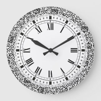 Tudor Garden Pre-Raphaelite Black and White Damask Large Clock