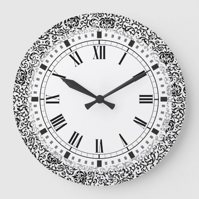 Tudor Garden Pre-Raphaelite Black and White Damask Large Clock (Front)