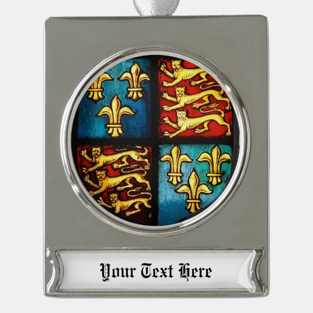 Tudor House Royal Coat of Arms Stained Glass Silver Plated Banner Ornament (Front)