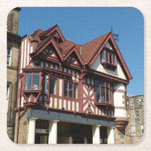 Tudor oak frame building, Edinburgh, Scotland Square Paper Coaster