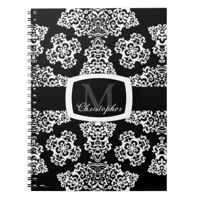Tudor Rose Damask  (White) (Monogram) Notebook (Front)