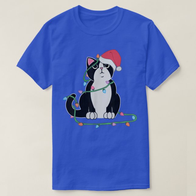 Tuedo Cat Christmas lights funny cat lover mas hat T-Shirt (Design Front)