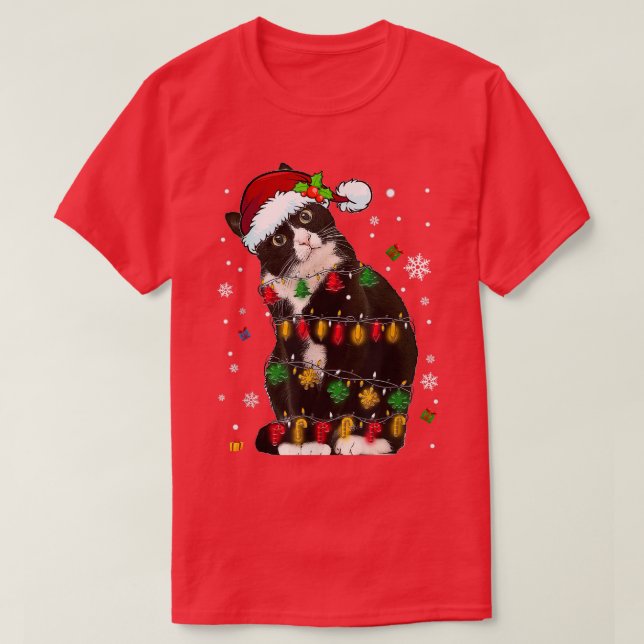 Tuedo Cat with Santa Hat Funny Christmas Lights  T-Shirt (Design Front)