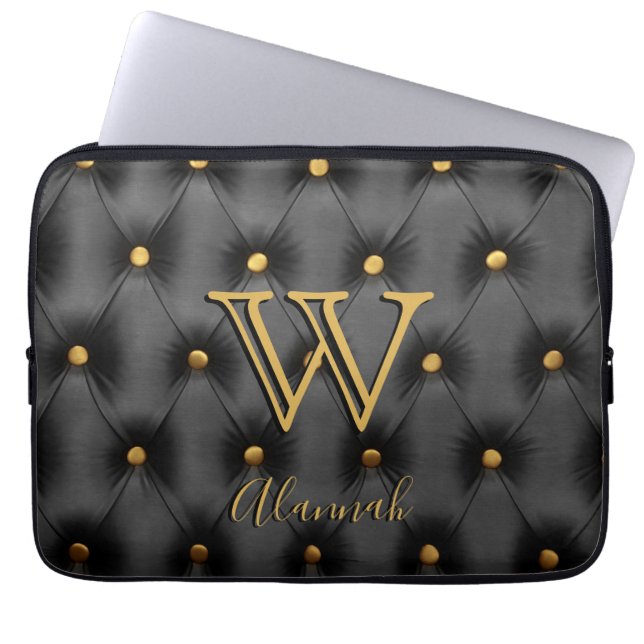  Tufted Black and Gold Monogram Laptop Sleeve (Front)