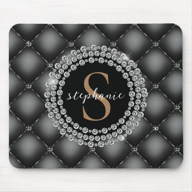 Tufted Black Diamonds Gold Monogram Elegant Luxury Mouse Mat (Front)
