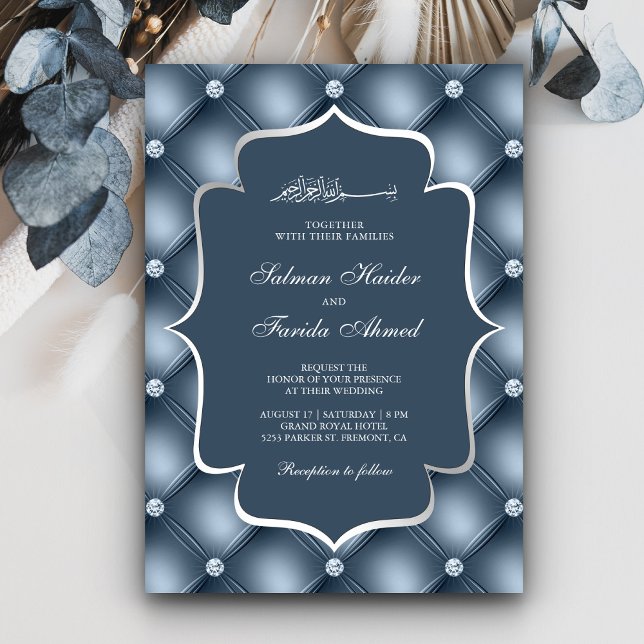 Tufted Diamonds Dusty Blue Muslim Wedding Invitation (Creator Uploaded)