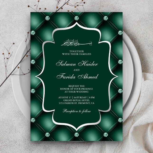 Tufted Diamonds Emerald Green Muslim Wedding Invitation (Creator Uploaded)