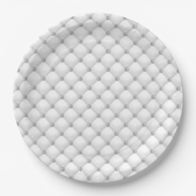 Tufted Diamonds White Silver Paper Plate (Front)
