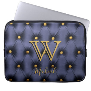 Tufted Navy and Gold Monogram Laptop Sleeve