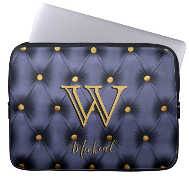 Tufted Navy and Gold Monogram Laptop Sleeve (Front)