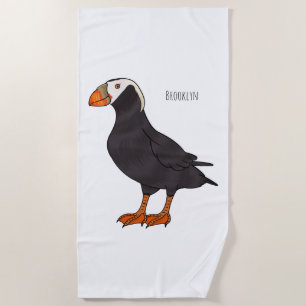 Tufted puffin bird cartoon illustration  beach towel