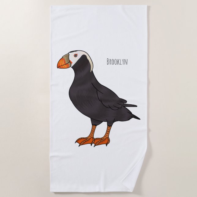 Tufted puffin bird cartoon illustration  beach towel (Front)