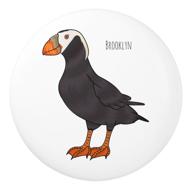 Tufted puffin bird cartoon illustration  ceramic knob (Front)