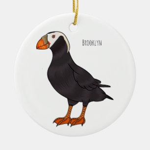 Tufted puffin bird cartoon illustration  ceramic tree decoration