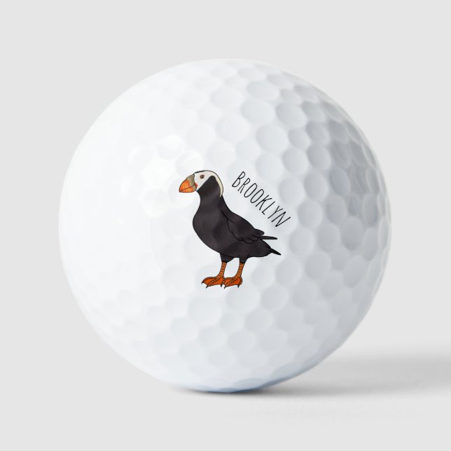 Tufted puffin bird cartoon illustration golf balls (Front)