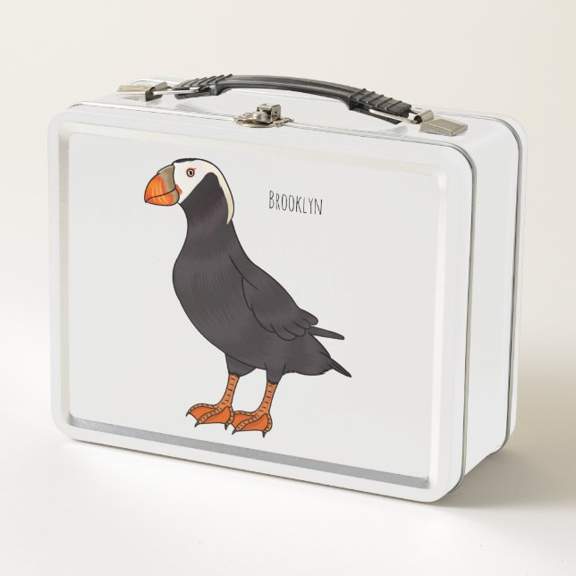 Tufted puffin bird cartoon illustration metal lunch box (Front)