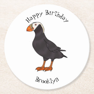 Tufted puffin bird cartoon illustration  round paper coaster