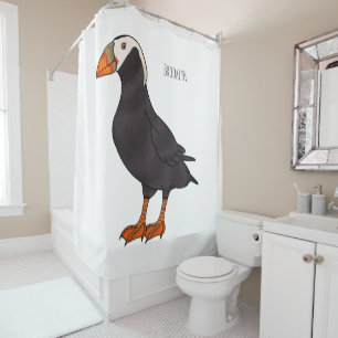 Tufted puffin bird cartoon illustration shower curtain